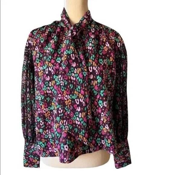WHO WHAT WEAR Leopard Print Balloon Long Sleeve Bow Blouse Small - Picture 1 of 14